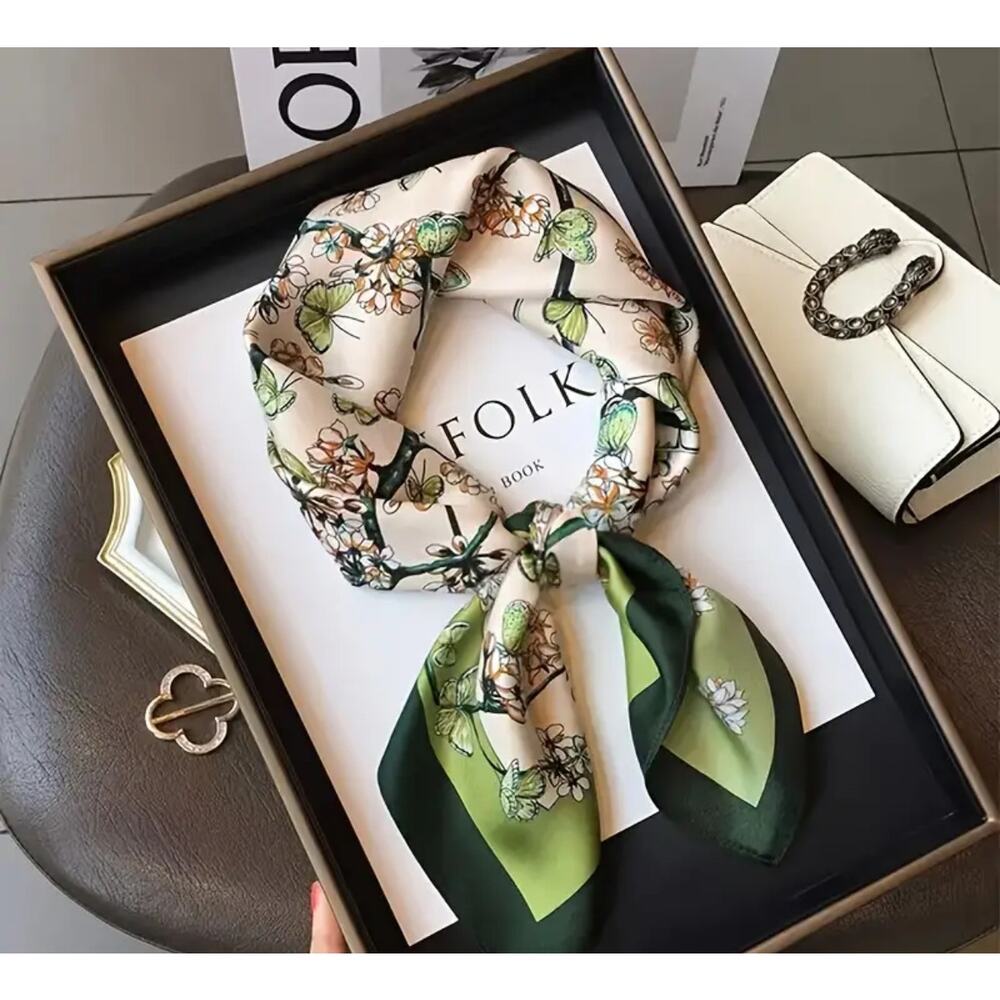 Botanical Satin Scarf Beige-Green Square Silk Feel Head Wrap 27" NWT